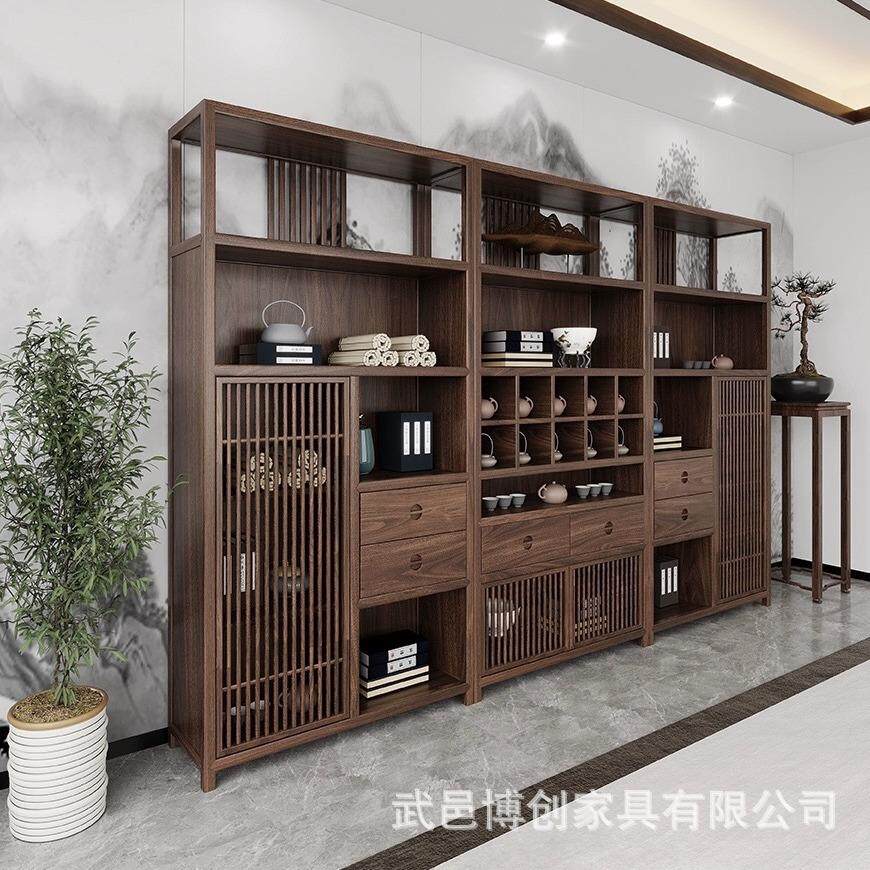 新中式博古架老榆木书柜组合办公室实木书架层架置物架茶室茶叶架