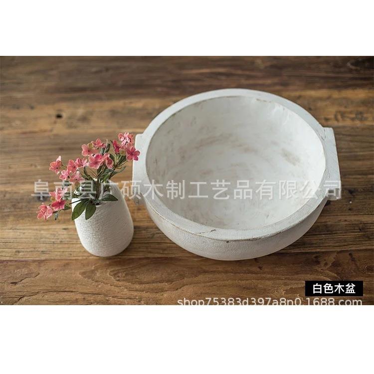 木碗做旧把手圆木盆宝宝拍照新生儿摄影道具家居收纳创意摆件带