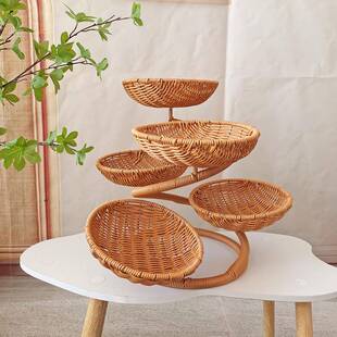 热销迎客松形状藤编收纳多层次果盘加粗钢管支架可拆卸果盘