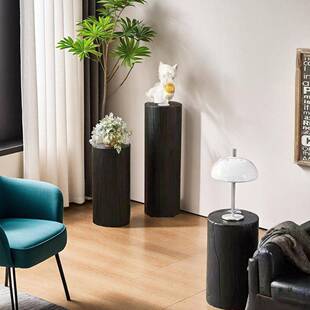 碳化黑根雕花架木墩展示台地台圆形立柱展台展示架花店产品陈列柜