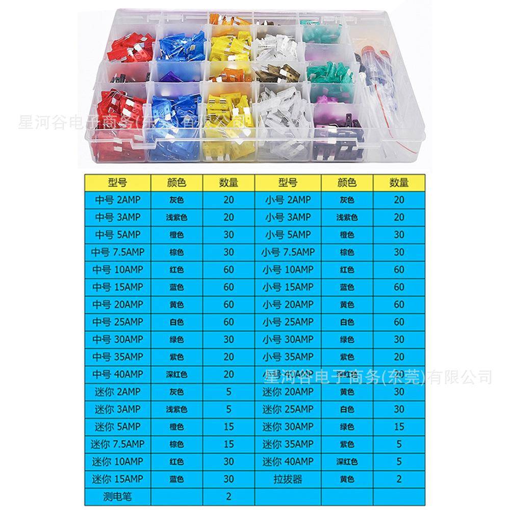 1011PCS盒装锌片2-40A中号小号迷你汽车插片式保险丝保险片