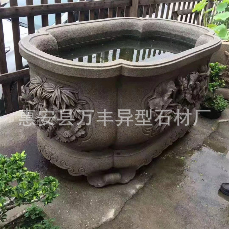 天然青石圆形鱼缸花盆庭院