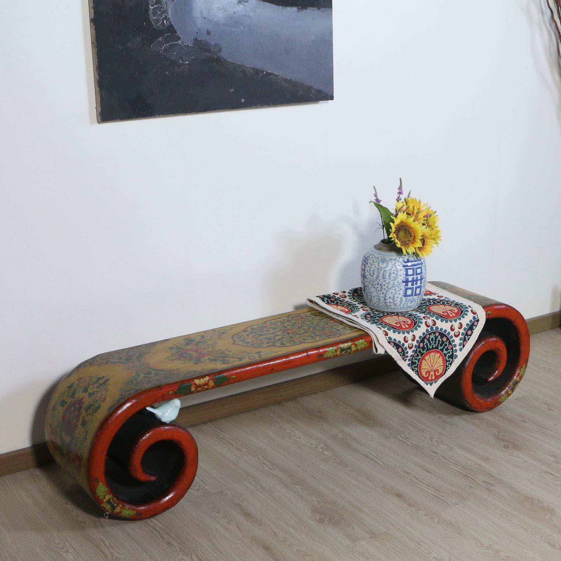 实坑木手绘藏矮桌XJ001式茶几彩绘复中古琴桌榻榻米几卧室床尾凳