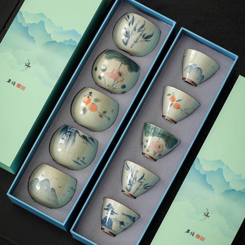 老陶泥手绘釉下彩茶杯品茗杯功夫茶具套杯小茶杯送长辈领导礼品