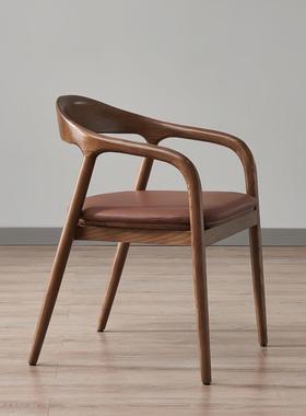 长跃邦扶手牛角椅子实木靠背餐椅座总统黑椅胡桃木书椅ISM书椅椅