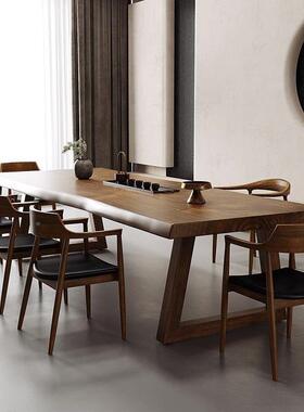 现代实茶实桌木椅组合简NIG约木茶台大办公室原木板功夫泡茶桌子