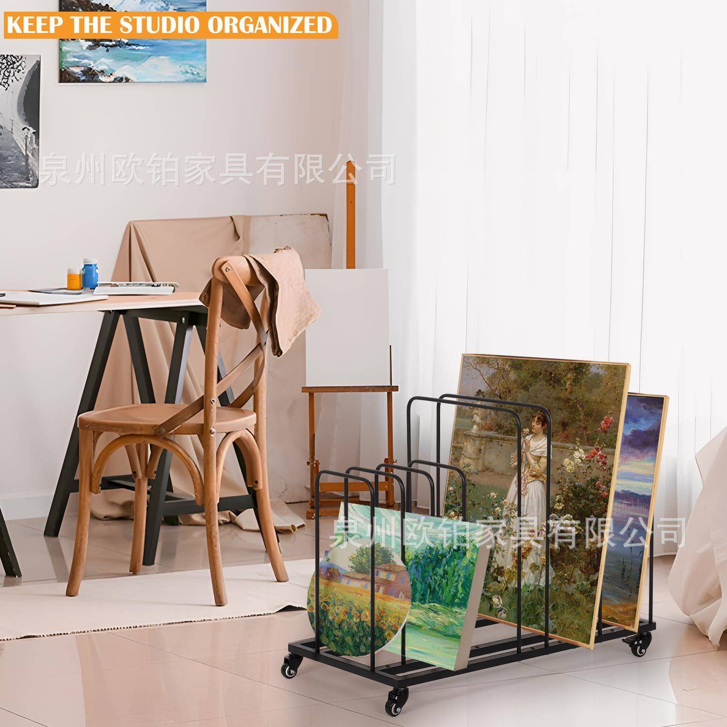 艺收术绘画画板展纳示架油画陈拆列小推车铁IDZ质带滚轮装式