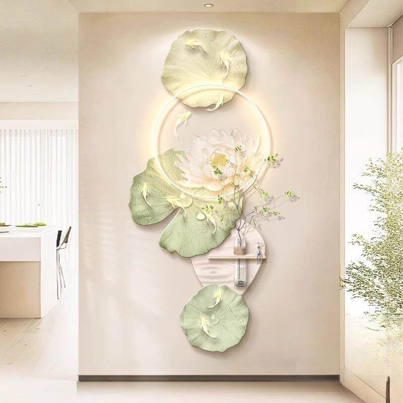 原木廊QZM奶油风鱼图玄关装饰画水培绿植肌过理走九道入户正对门