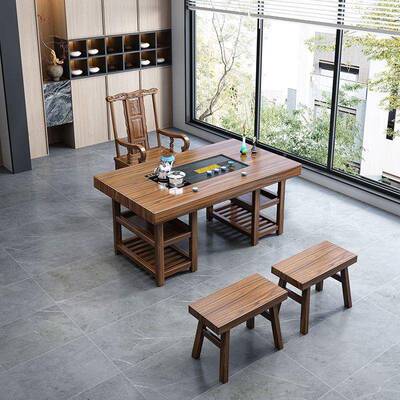 实木合大板茶桌椅组中夫式功泡茶台办公ERJ室原木茶几茶具套装一