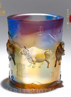高档琉璃生肖摆件面五福牛笔筒毕业送老师领导公室艺桌办生日礼物