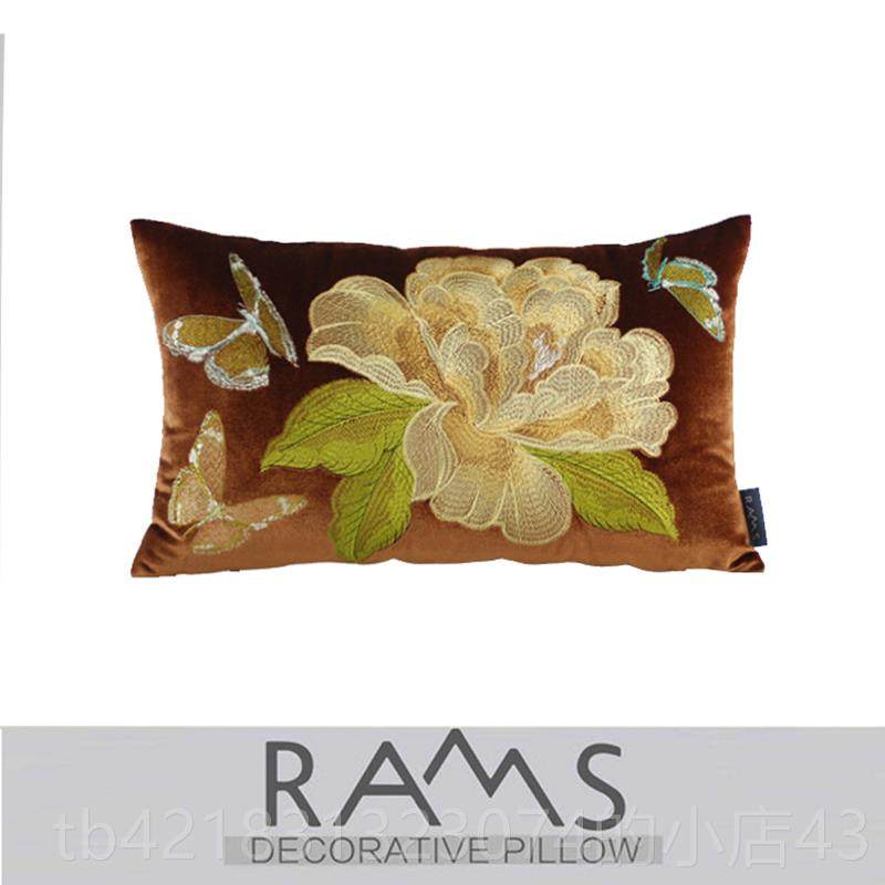 高档白新型中国风沙发垫枕套中国风样房板枕头床头方枕色牡丹绣花
