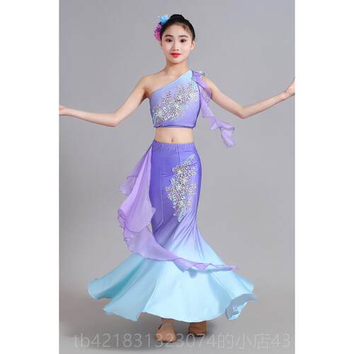 高档新款儿童3傣族舞蹈出服女童艺考60演度弹力鱼尾裙少儿族民表