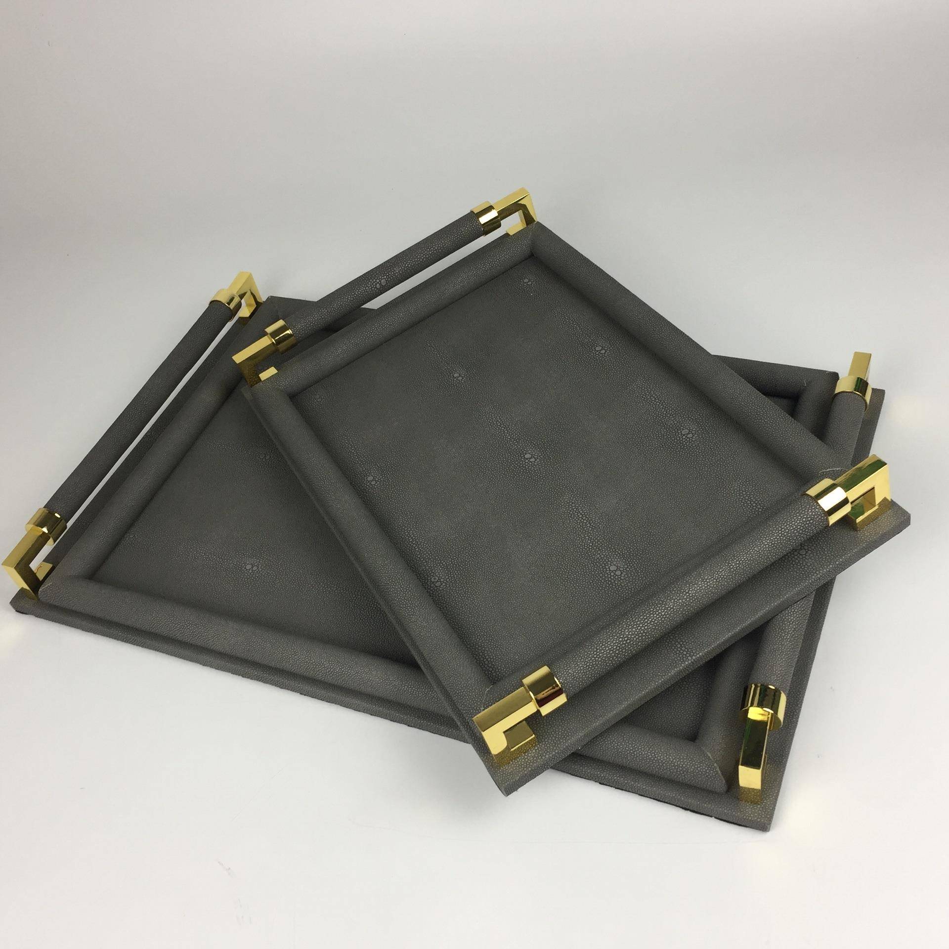 现代金摆属皮革长长棍托盘棍盘件欧式茶托几美式样板房客摆厅件