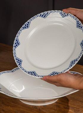 唐草纹手绘温瓷青古花圆高用盘中式复盘子商用深盘家简约90781个