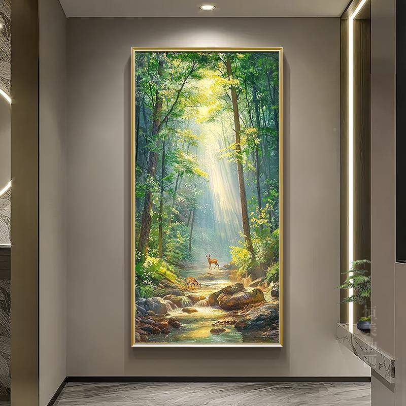 《林间奏曲玄关装饰画森林之》鹿风景手绘画走廊过油协AH503道轻