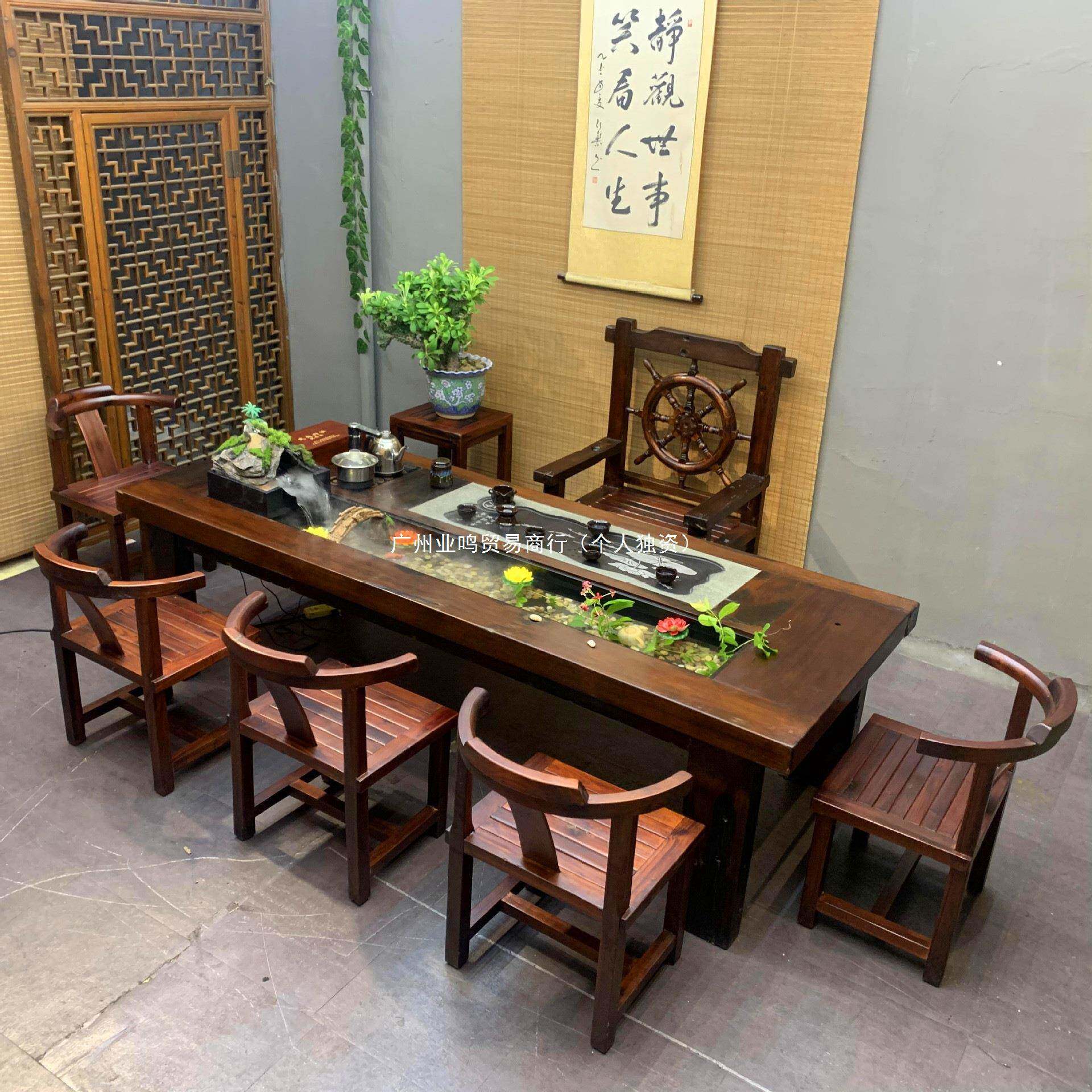新GGP中式大板茶桌老船木流水合茶桌椅组茶厅台办几公室景观茶客