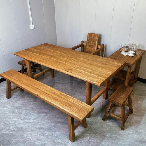 老榆木茶桌原木桌老木板实CHG木大桌面复古用吧台桌家餐子桌茶台