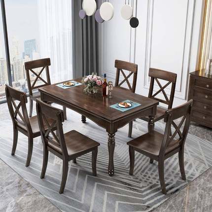 式DBW极简复古餐厅伸缩餐桌椅合实木大圆组美桌1人西餐桌0长方形