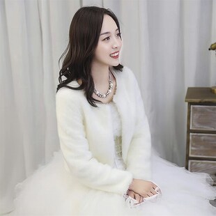 新娘婚纱礼服毛披肩长袖韩版加厚保暖仿皮草伴娘外套秋冬季白红色