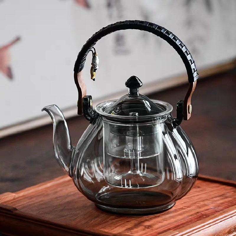 提梁壶耐热玻璃透明蒸煮两用泡茶壶竹把手提梁壶带过滤内胆煮茶壶