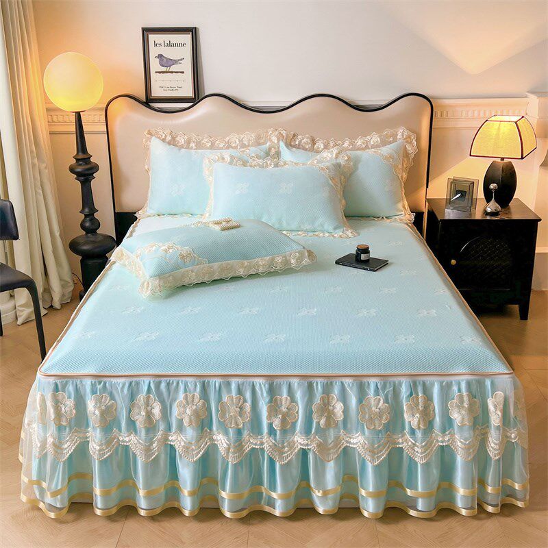 夏季可拆卸床裙款冰丝凉席三件套凉感丝冰豆豆席可机洗空调席防滑