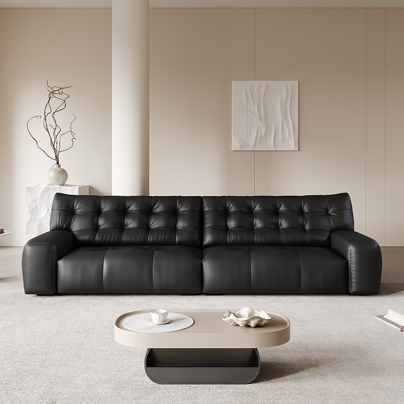 意式极简沙发现代简约客厅大黑熊色直排高靠背新款豆腐块真皮沙发