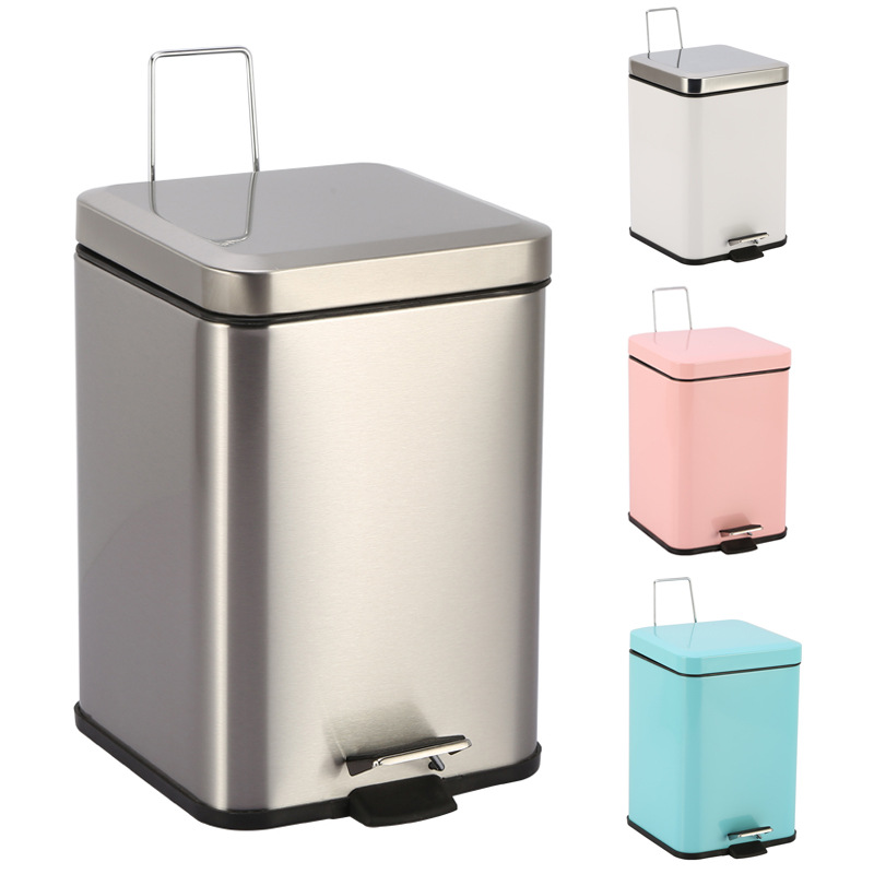脚踏式不锈钢垃圾桶正方形垃圾筒家用卫生间创意有盖6L彩色脚踩