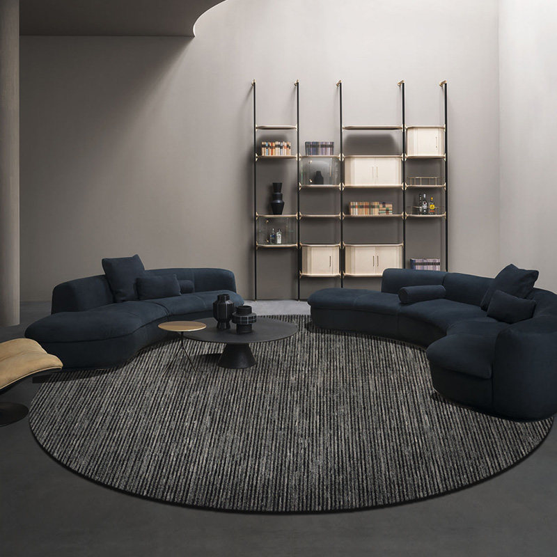 圆形羊毛地毯客厅混纺茶几毯现代简约高级灰垫卧室毯黑竖条纹极简
