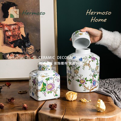 HERMOSO 复古植物花卉陶瓷储物罐收纳摆件糖果罐欧式罐子餐桌装饰