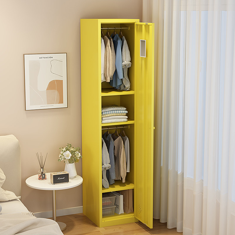 钢制单门衣柜奶油风卧室衣橱家用夹缝窄立柜小型收纳柜铁艺储物柜