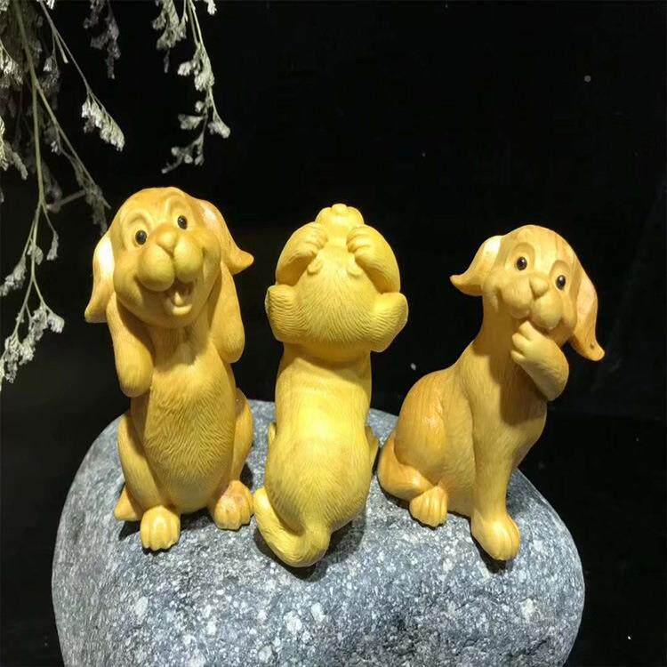 湖北小摆狗黄杨木HYMSBG精雕三不呆萌可爱小狗狗茶宠木质工叶艺品