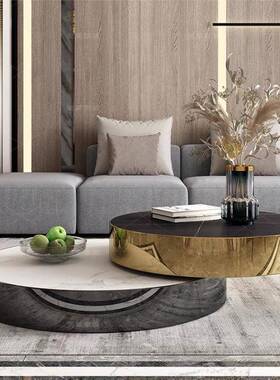 茶几组合不约锈钢现IZC代简家形用客厅小户型转旋轻奢圆茶几桌轻