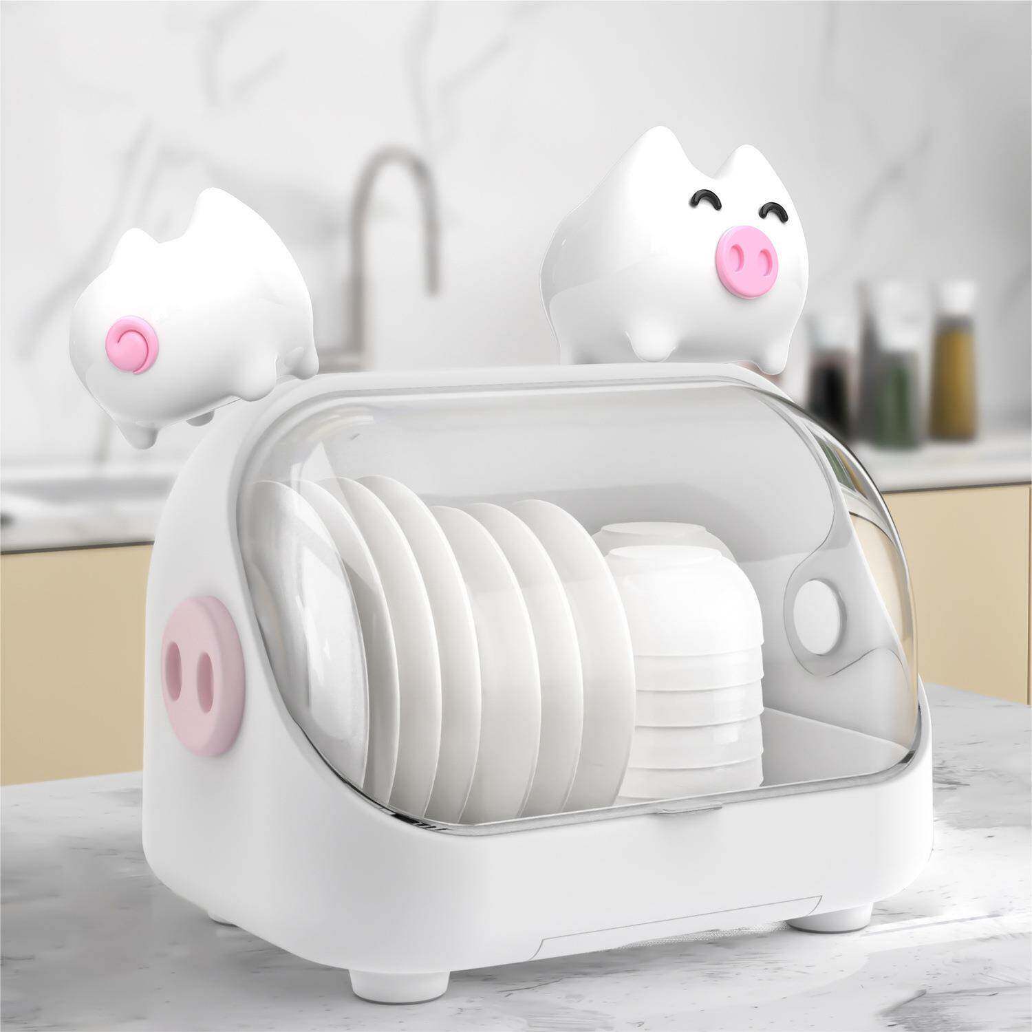 NLSI碗R猪B小沥水碗柜家用装盘子筷置物翻盖宝辅食宝餐具收纳盒厨