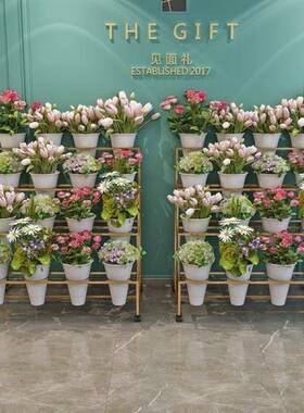 花店鲜花示NGV架多层阶梯花架摆花向轮铁艺展架子带养花桶塑万料