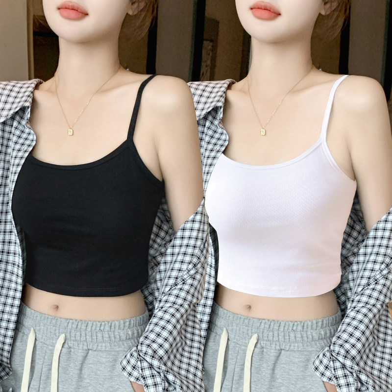 纯棉小吊带背心女内搭短款春夏秋季防走光修身露脐黑白色打底上衣