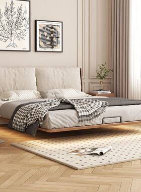 蜡实木悬浮床小户型34029超薄床头齐人边卧软包床主双榻榻米白木