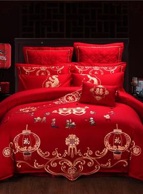 新款全棉婚庆四件大红色套刺绣花结婚纯棉套件上用六八床品YYN十
