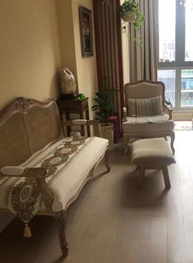 美式乡村实木雕花法式藤编金做宿旧双三人沙发影人82033楼摄色影