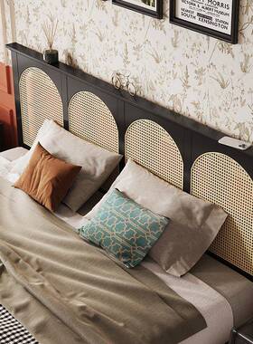 意极式简双人1.8米藤实木黑色卧床CHV简约主实1米5床架子轻奢编床