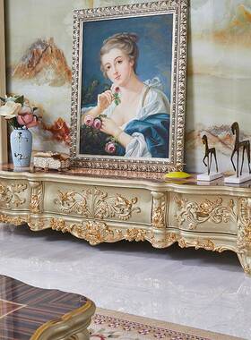 欧式全实木视电柜ZOB树拼花瘤电木面香槟金色贴金箔地柜茶几视柜