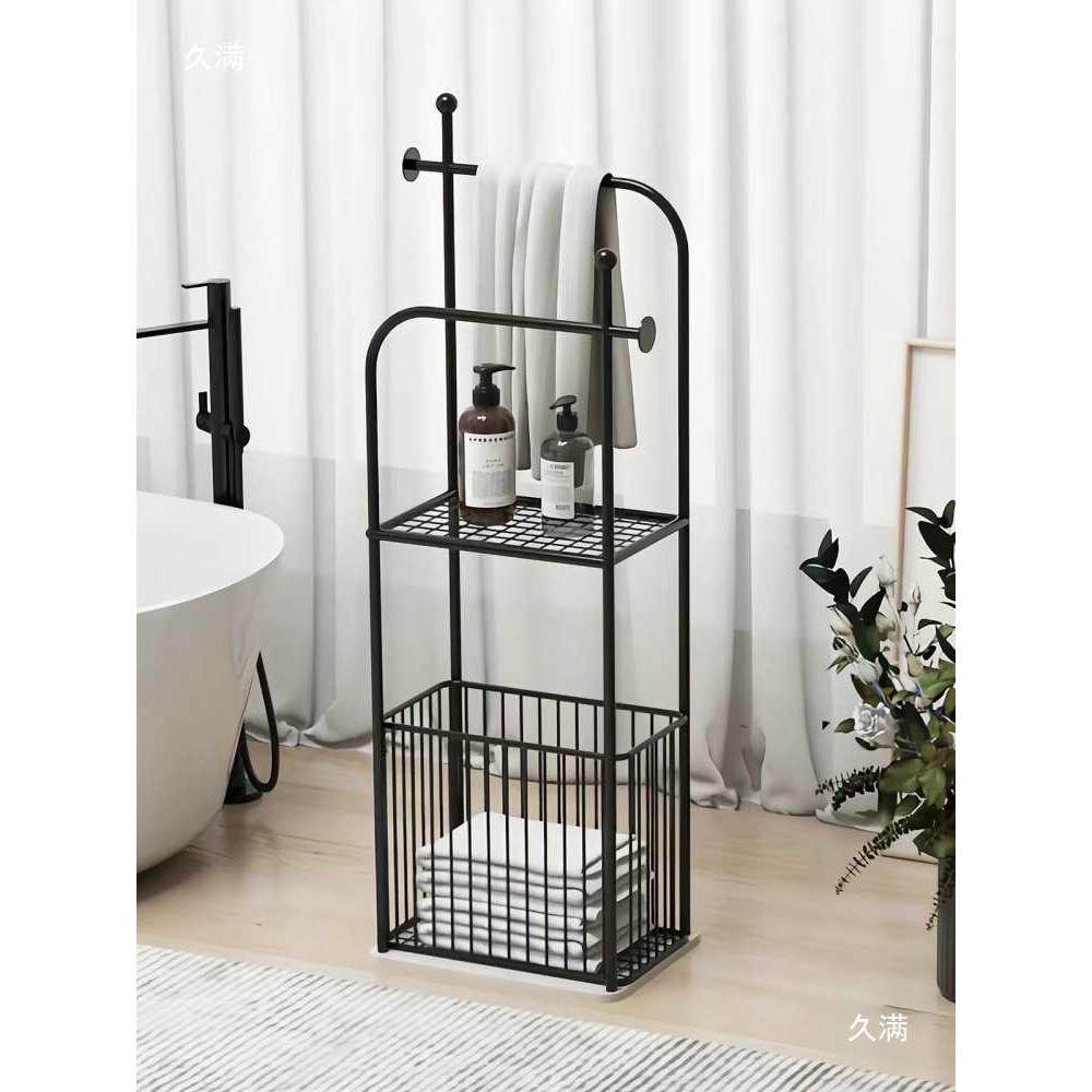 架浴室置物架落地轻奢卫生收纳间架简约ZCW毛巾油铁艺浴巾架奶风