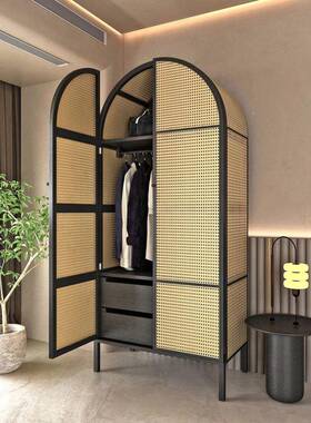 式藤编衣柜免储物日民环宿保诧寂风双RDO门复古安装艺术卧室落地