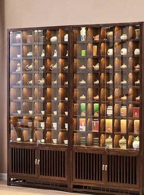 FZQ榆木新中式紫壶钉茶具玻制实木砂格子置物架璃柜带灯多宝阁展