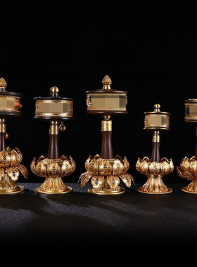 多款慧宝手摇转金轮大小号藏传黄铜手摇转动筒莲花底座黄铜实木