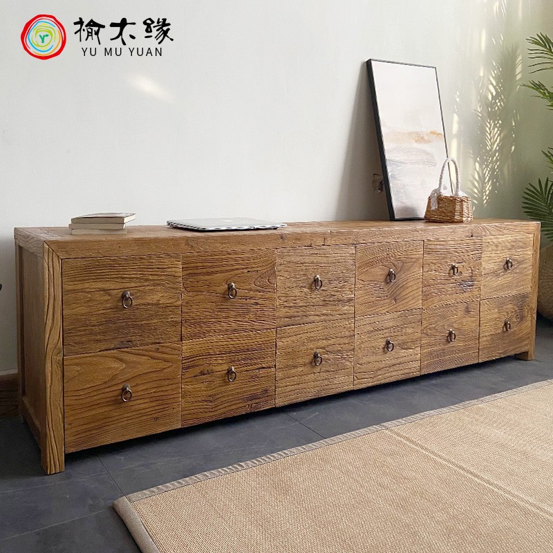 老榆木电视柜风化老门板收纳柜实木中式客厅储物柜家用地柜抽屉柜