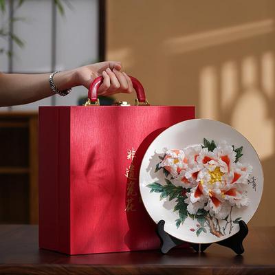 非遗陶瓷牡丹花挂盘摆件式客厅BZO乔家装居博古架饰中品迁新居礼