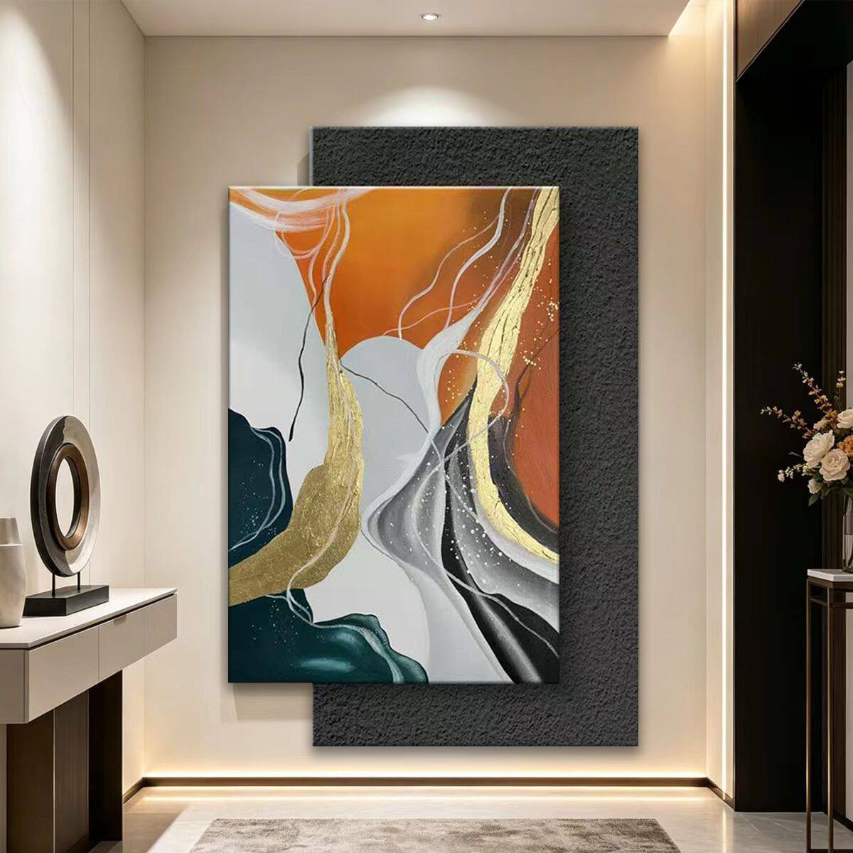 纯手绘油画金箔抽象入户玄关装饰画客厅现代简约大幅双层叠加挂画