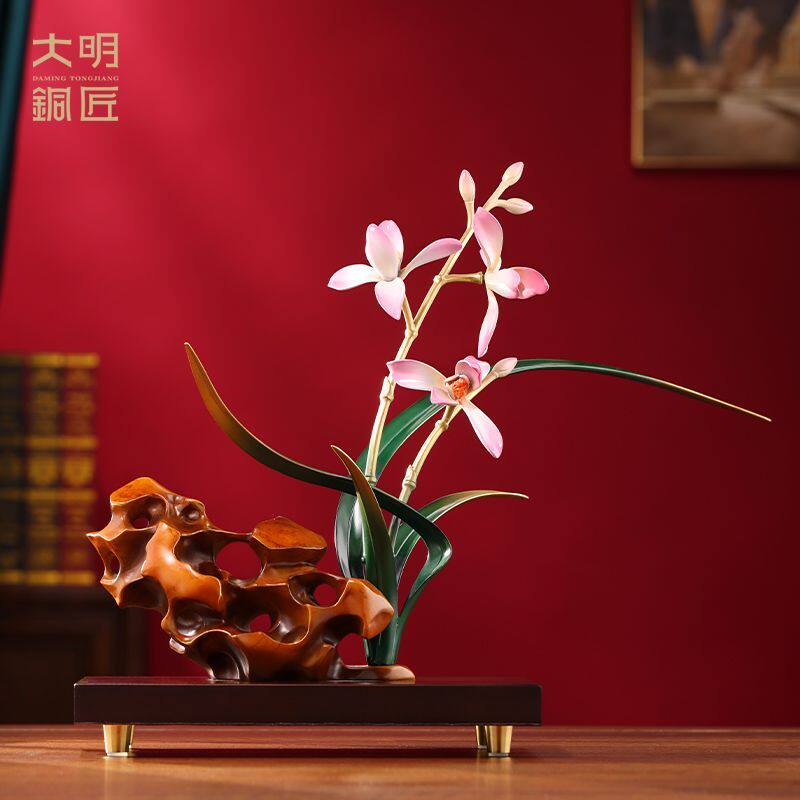 大明铜匠黄铜君子兰花摆件新中式家居客厅玄关书房乔迁开业礼物