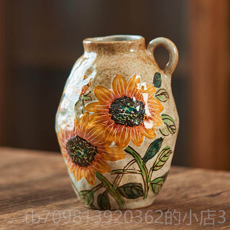 高档山陶瓷瓶摆件客插花日式复古插花花器厅单耳手绘喜字向日谷葵