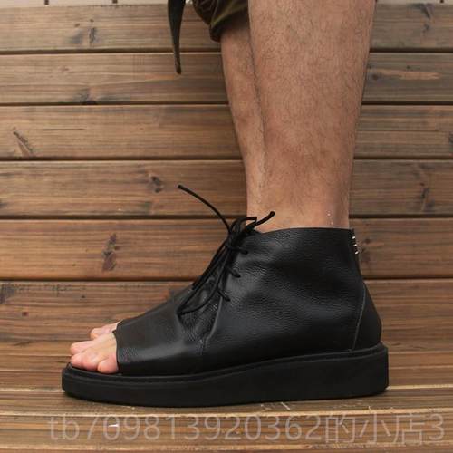 高档夏季士露趾高帮绑带凉鞋，时尚厚皮底覆滩古牛厚底鞋，韩式男